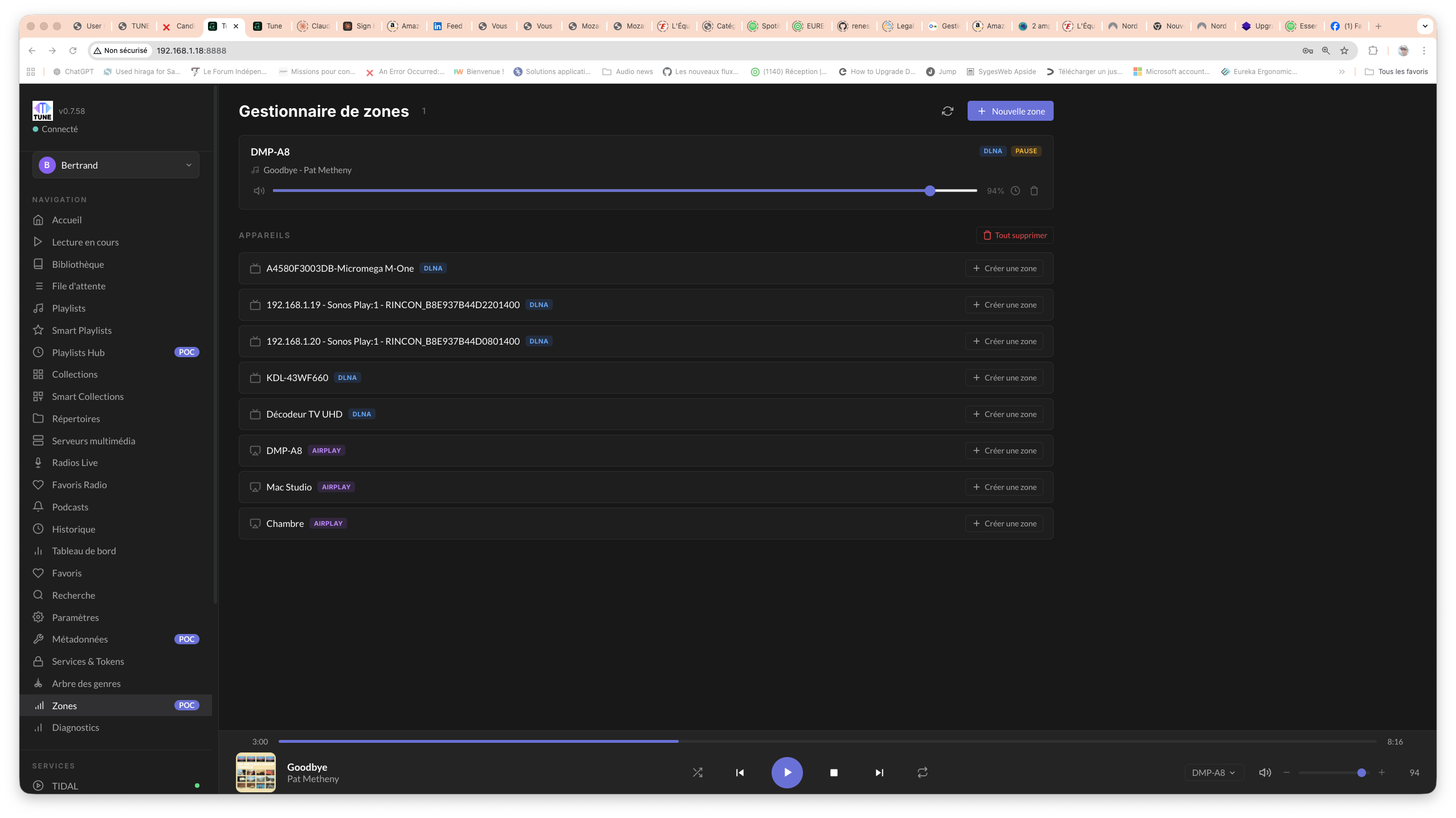 Zones Tune avec multiples appareils DLNA détectés
